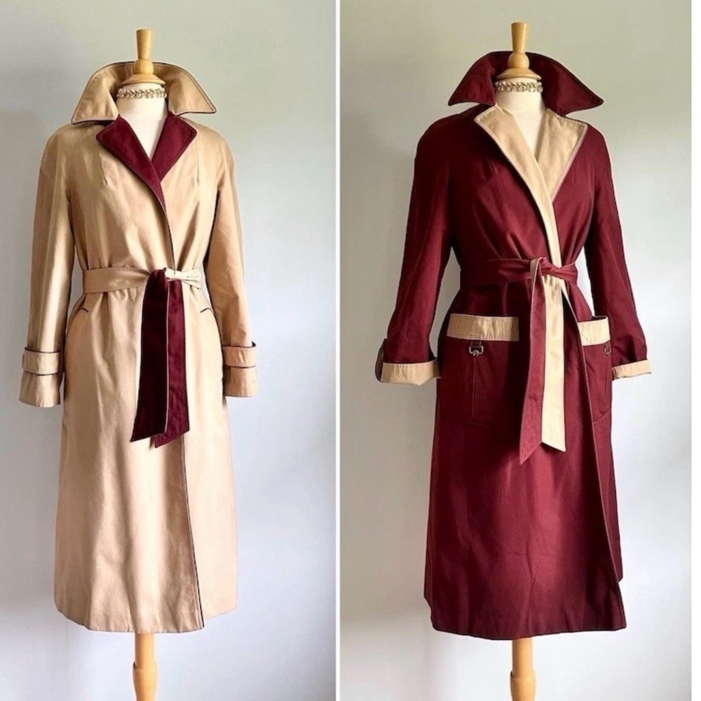 Vintage 70s ETIENNE AIGNER Womens Reversible Trench Coat Belted MAROON BEIGE